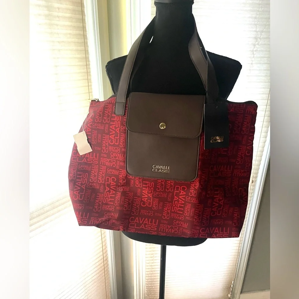 Cavalli Class Red and Brown Tote Bag